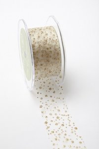 May Arts 1.5" Sheer Glitter Dots - 30 yard spool - Ivory/Gold
