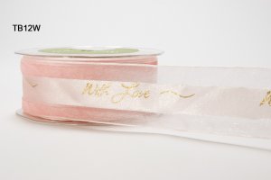 May Arts 1.5" Satin Sheer Printed With Love Ribbon - 3 yards - Pink