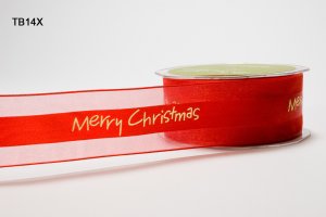 May Arts 1.5" Satin Sheer Printed Christmas Ribbon - 3 yards - Red