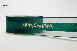 May Arts 1.5" Satin Sheer Printed Christmas Ribbon - 3 yards - Green